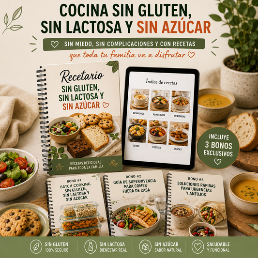 Recetario sin gluten, sin lactosa y sin azúcar + 3 bonos